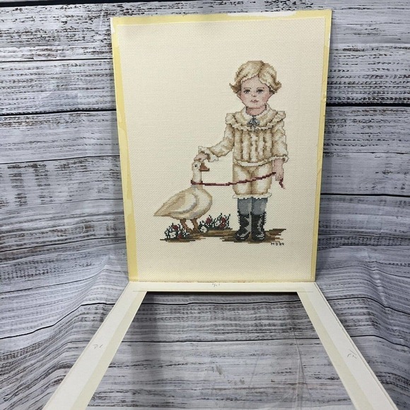 Vintage Finished Cross Stitch English Victorian Boy w/ Duck 1989 16x12" Nursery - Picture 12 of 16